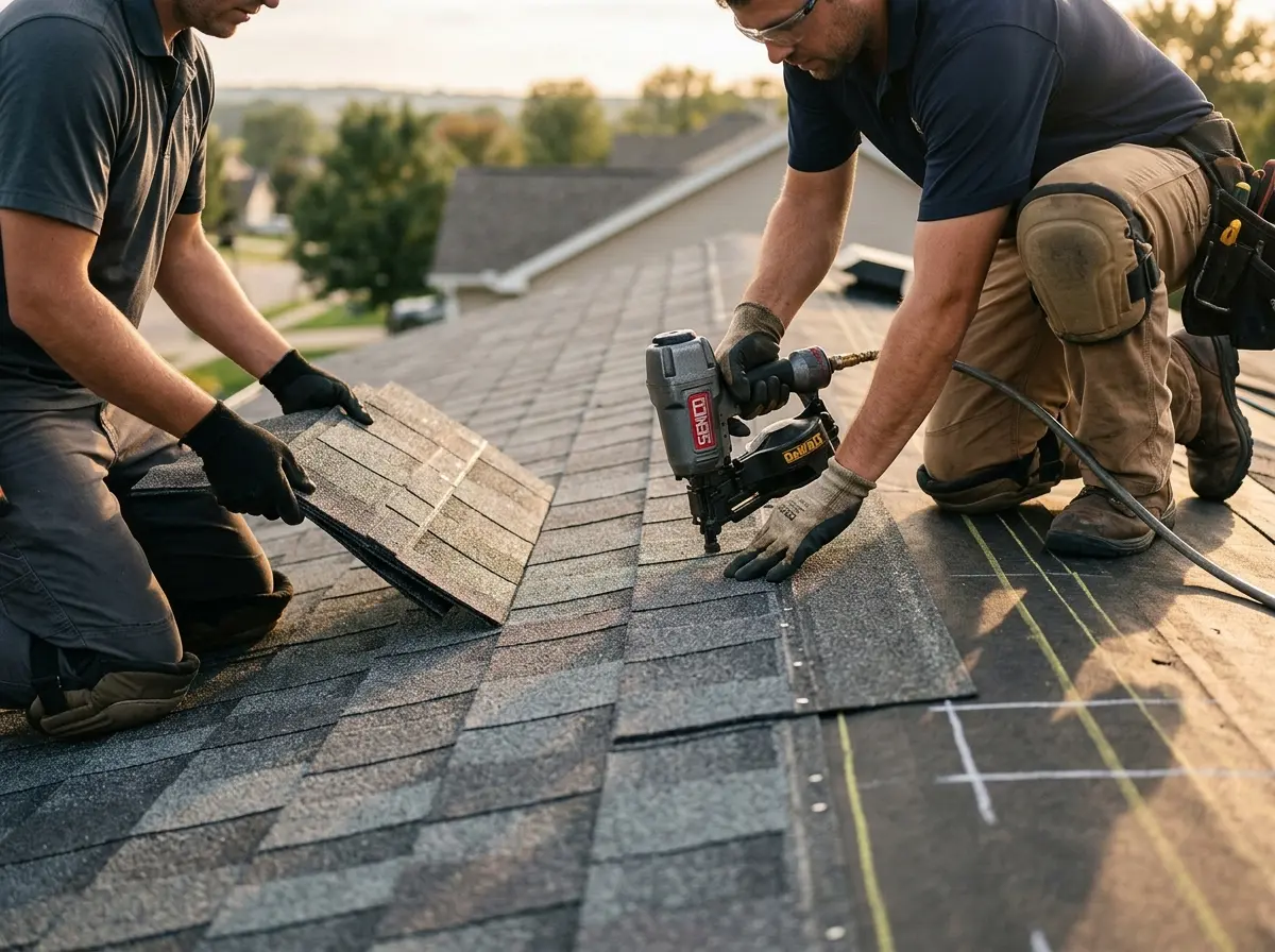 Professional roofer working on a residential roof in Saco